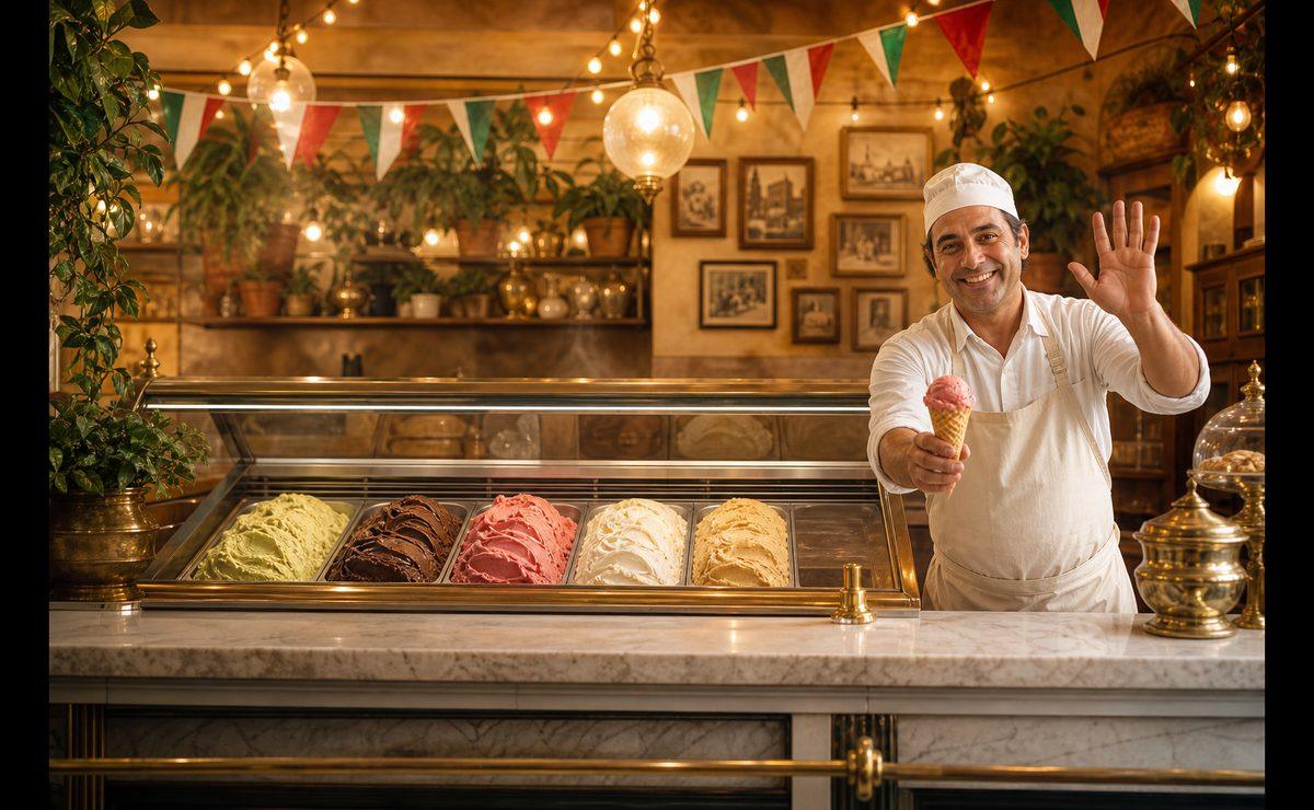 The AppGelato counter: the illustrated gelateria with its glowing sign, the gelato maker and the twenty regional tubs