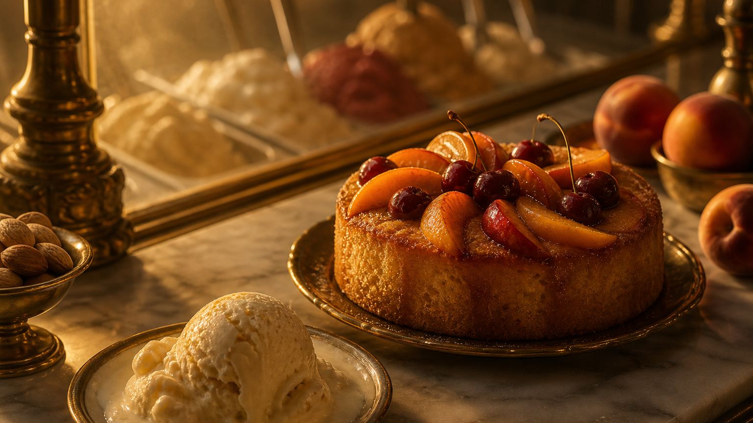 Fruit and almond gelato: the soft almond cake with peaches and cherries that closes out summer in style
